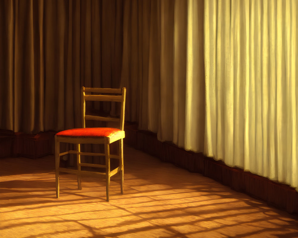 Wooden chair with red cushion in warm-lit room with dramatic shadows.