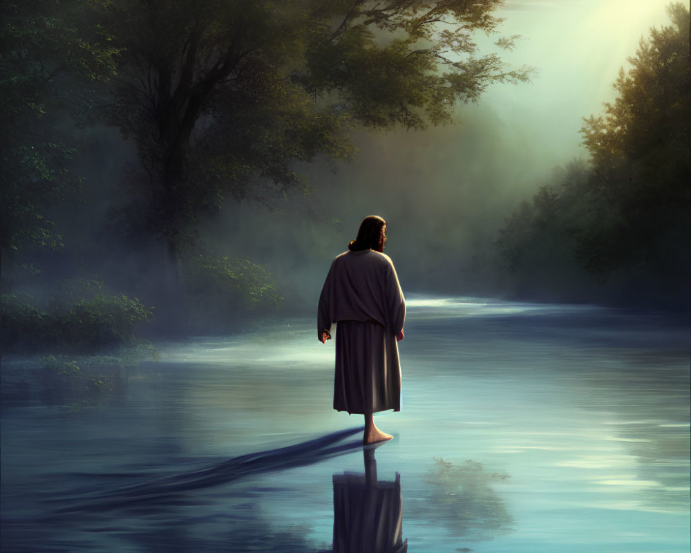 Robed Figure Standing on Water in Misty Forest with Sunrays