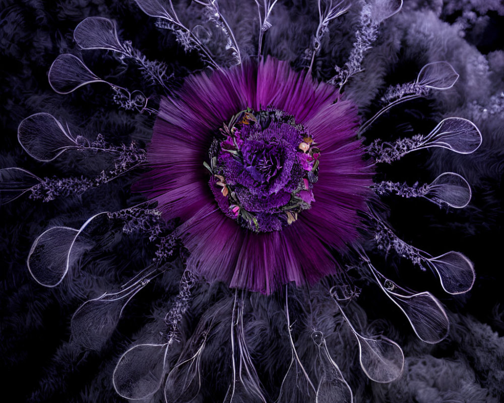 Vivid Purple Flower with Feathery Petals on Soft Plant Textures