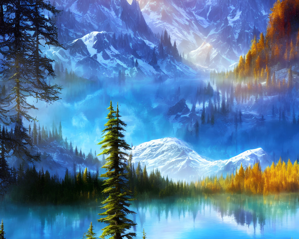 Scenic landscape with blue lake, snowy mountains, autumn trees