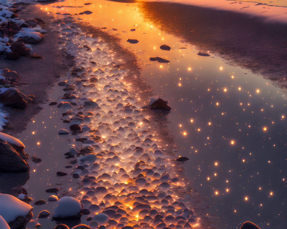 Rocky Beach Sunset with Glittering Water Stream