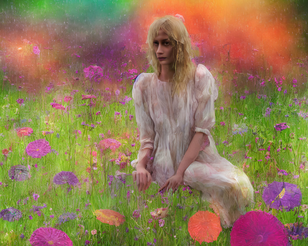 Blonde person in white dress surrounded by colorful flowers and aurora