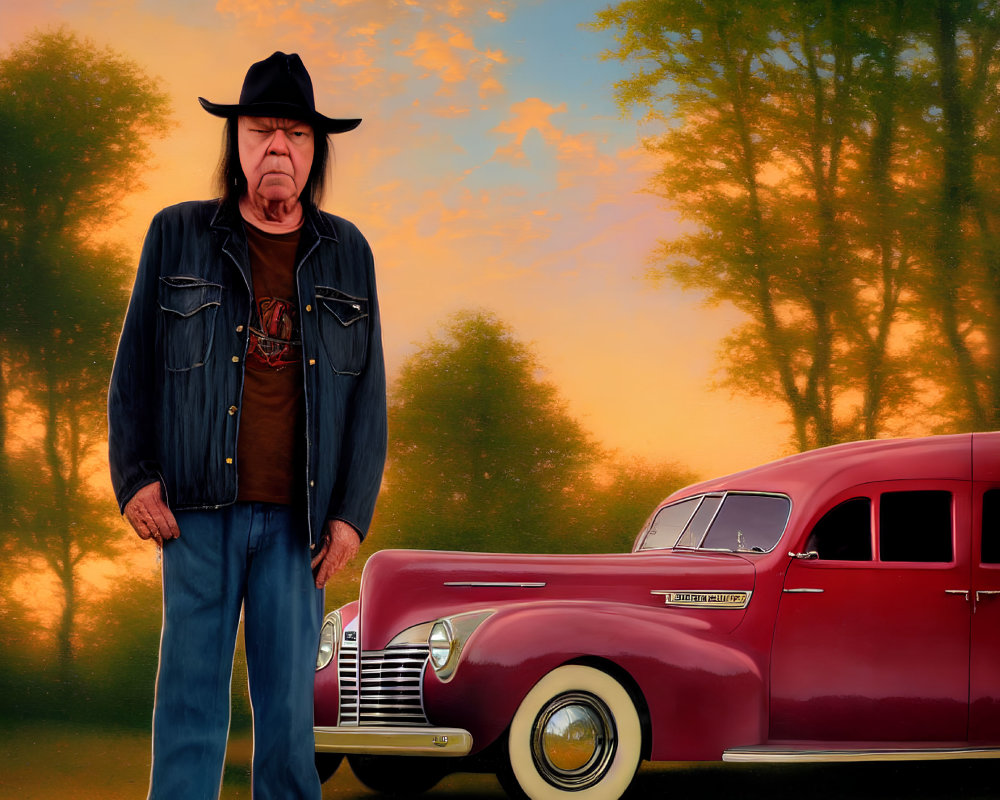 Man in cowboy hat and denim jacket with classic red car at sunset with trees.