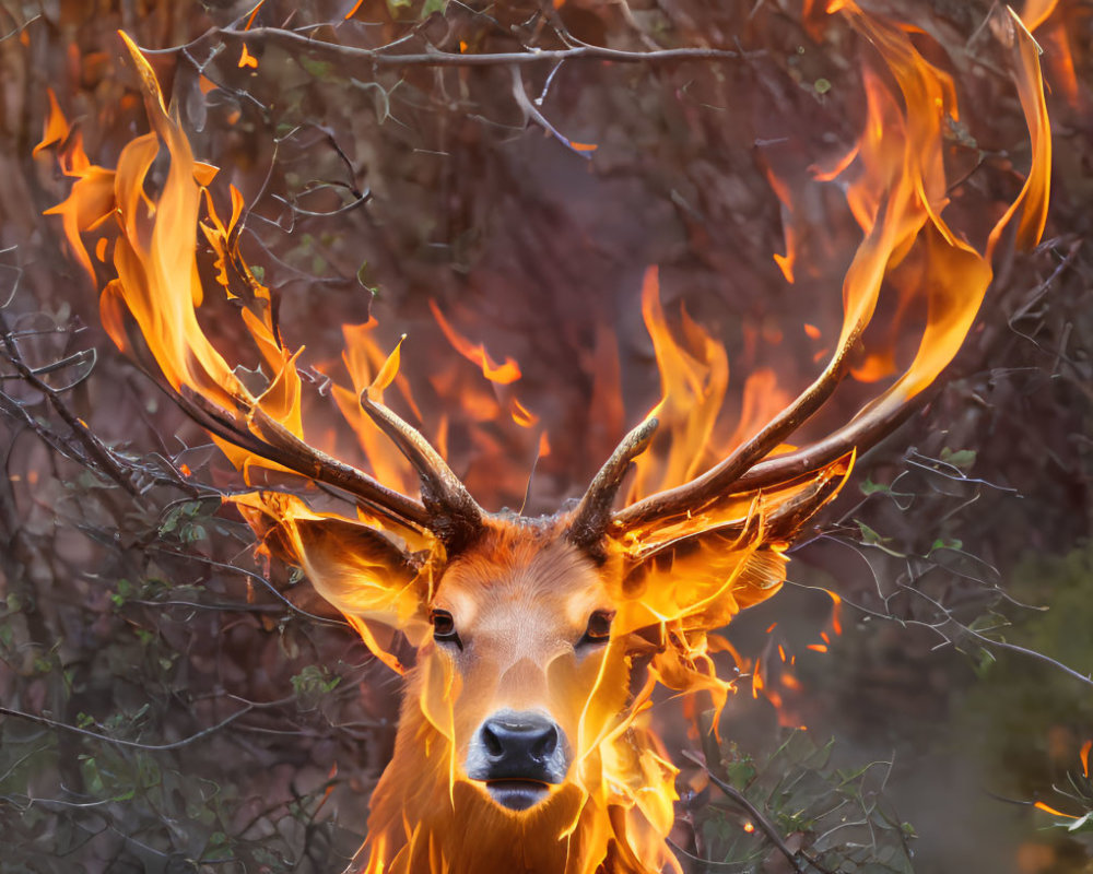 Deer with flaming antlers in smoky background