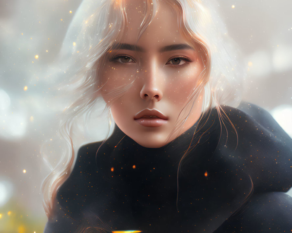 Blond Woman Portrait in Black Coat with Glowing Light Particles