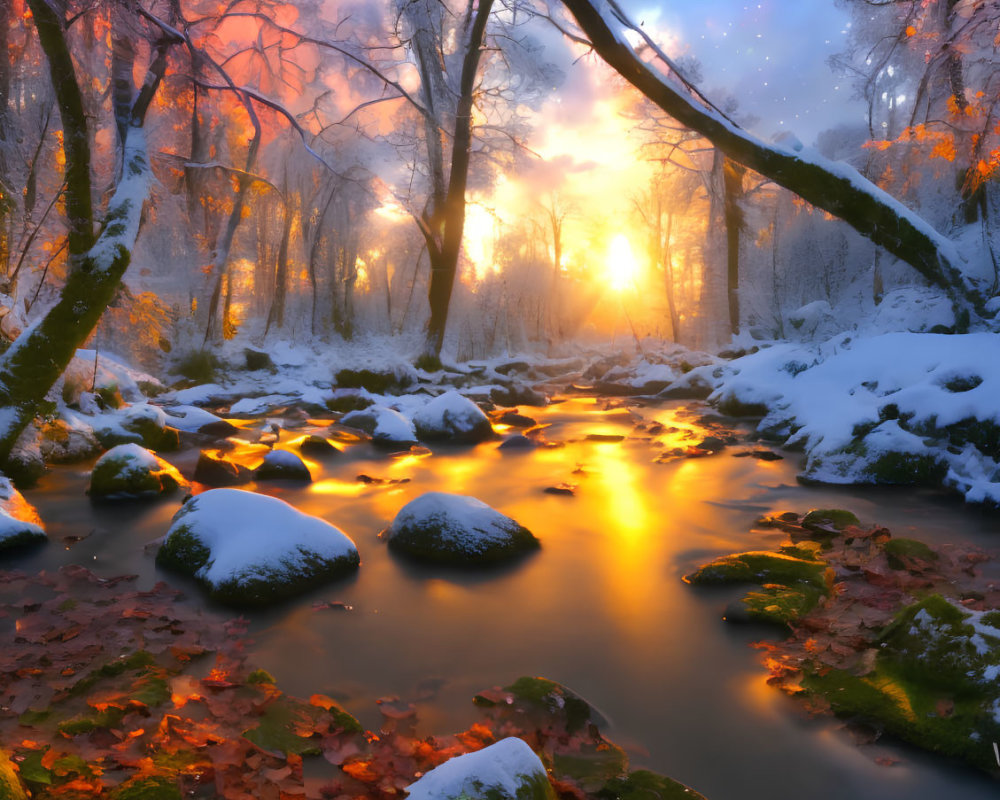 Snow-covered river at sunrise with bare trees - Winter landscape scene