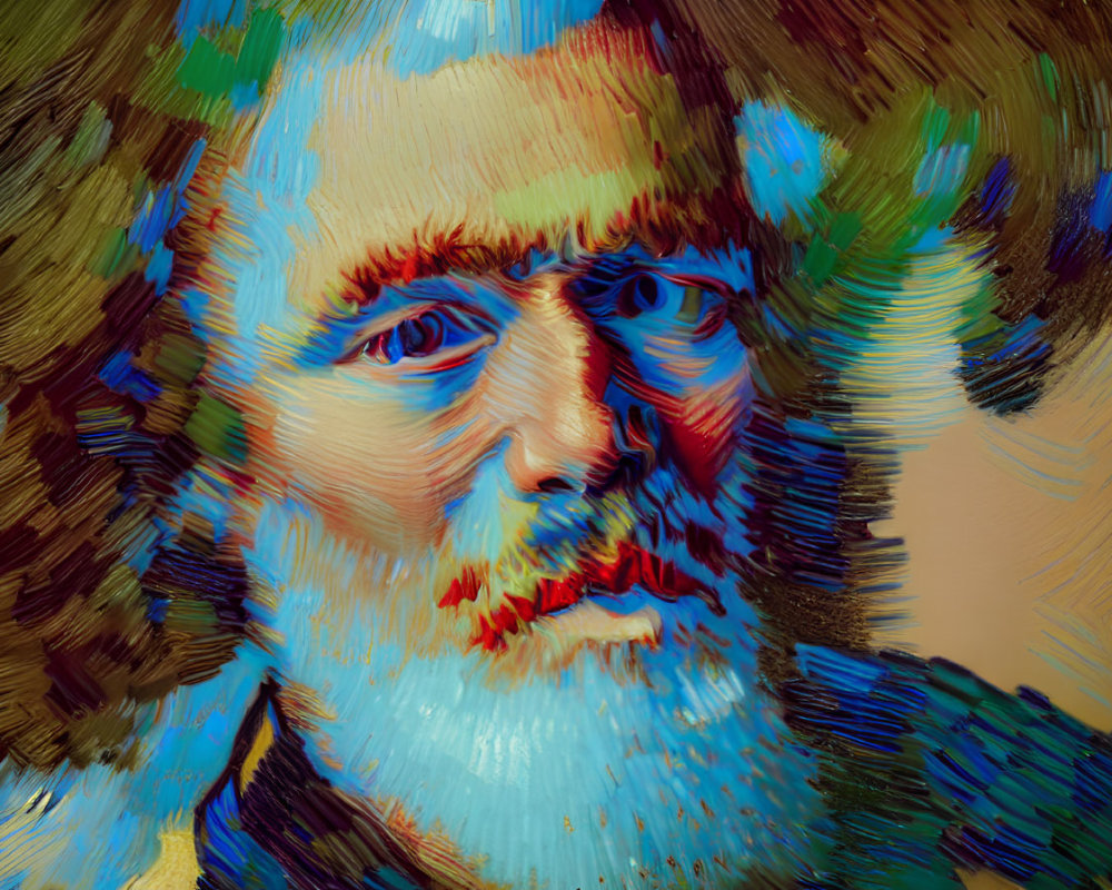 Vibrant abstract portrait of a bearded man with swirl effect in blues, greens, and red