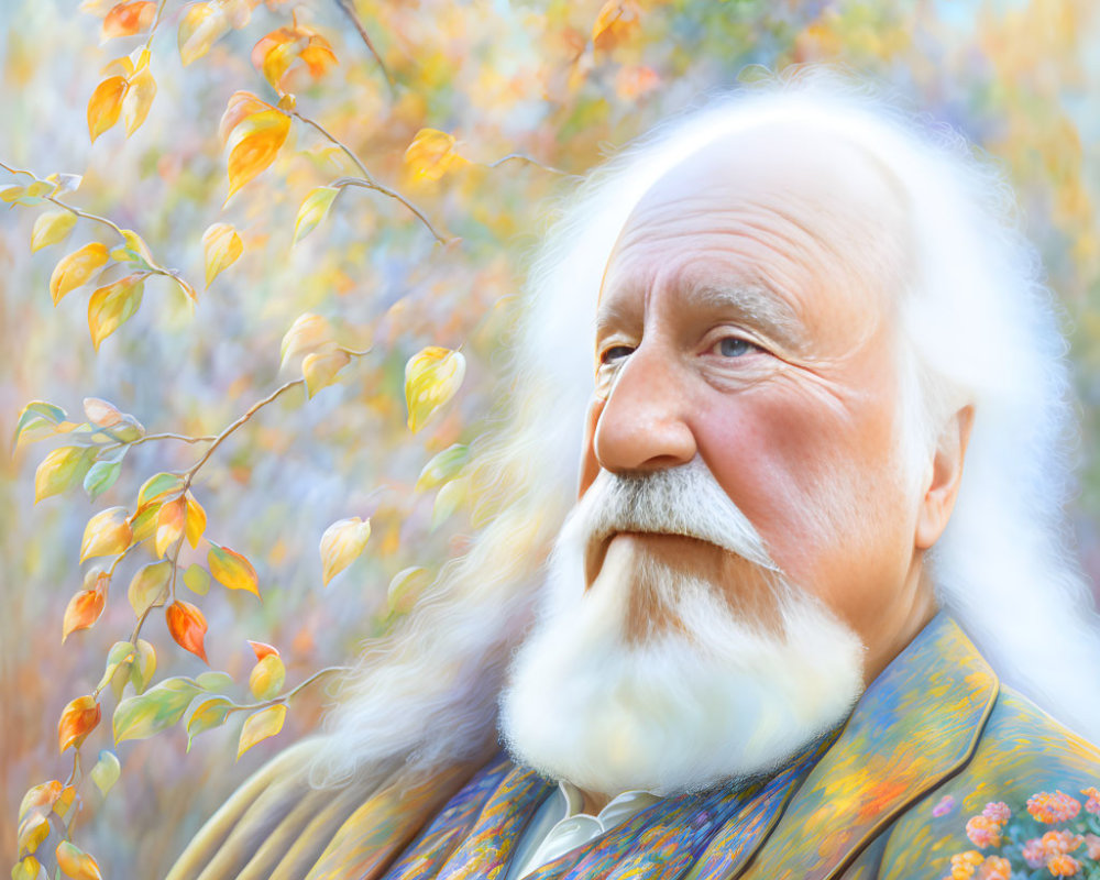 Elderly Man with White Beard Smiling in Autumnal Setting