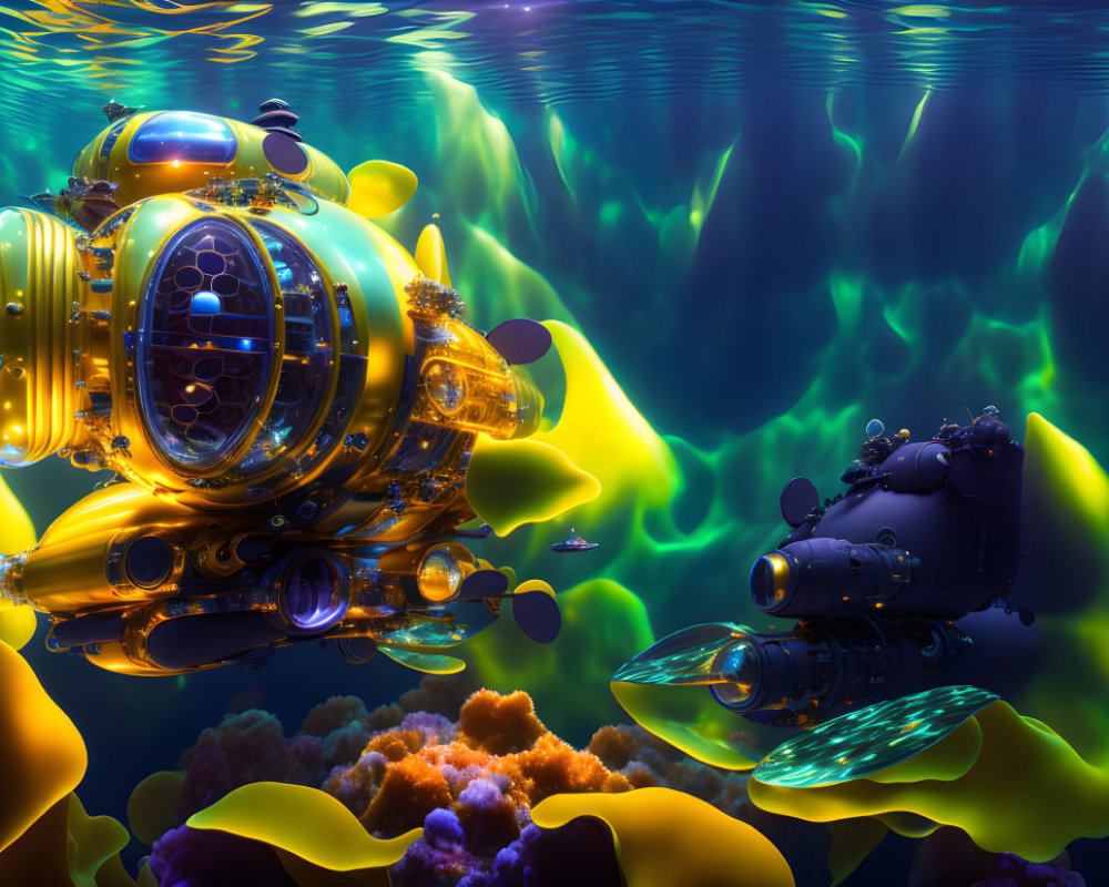 Colorful Coral Reefs Explored by Futuristic Submarines