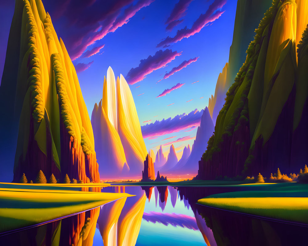 Vibrant digital artwork of sunlit cliffs reflected in tranquil water under a dramatic sunset sky