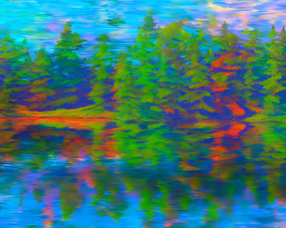 Impressionistic forest scene with orange and green foliage reflected in blue water