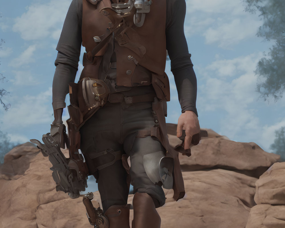 Cowboy with Hat and Revolvers on Rocky Terrain Under Clear Sky