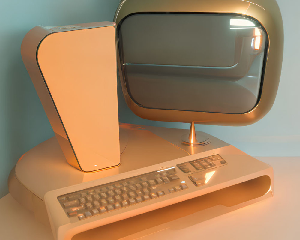 Vintage-style computer setup with keyboard, rounded monitor, and futuristic external speaker on desk