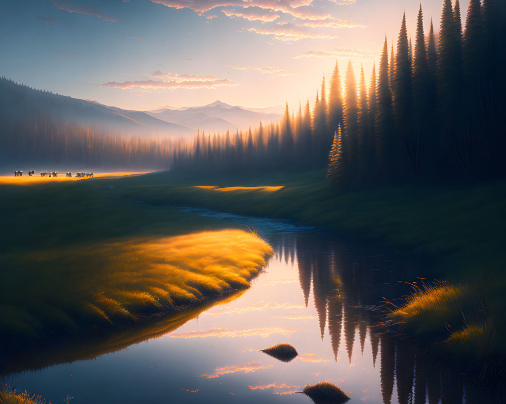 Twilight landscape with river, illuminated grass, pine trees, mountains