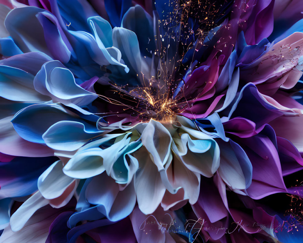 Colorful digital art: Multicolored petals encircle glowing burst with spark-like details