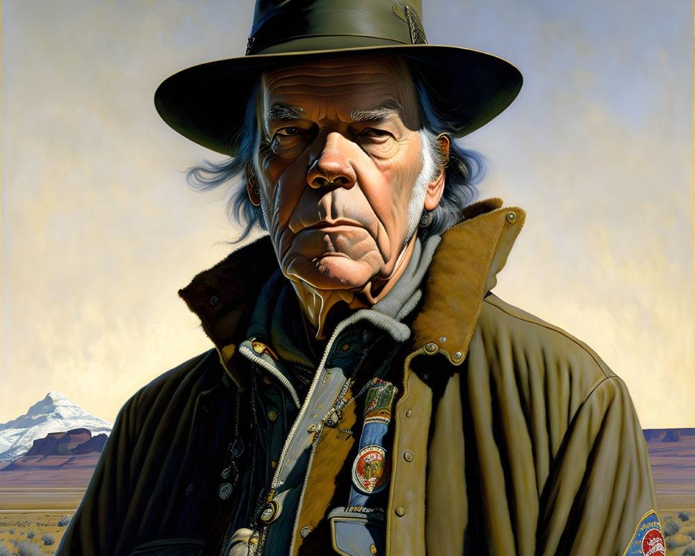 Serious man in cowboy hat with mountain backdrop