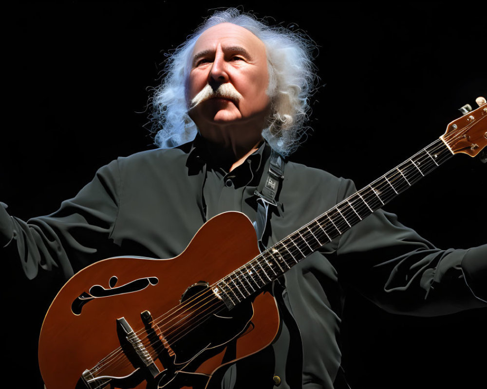 Elderly Musician with White Hair Holding Electric Guitar