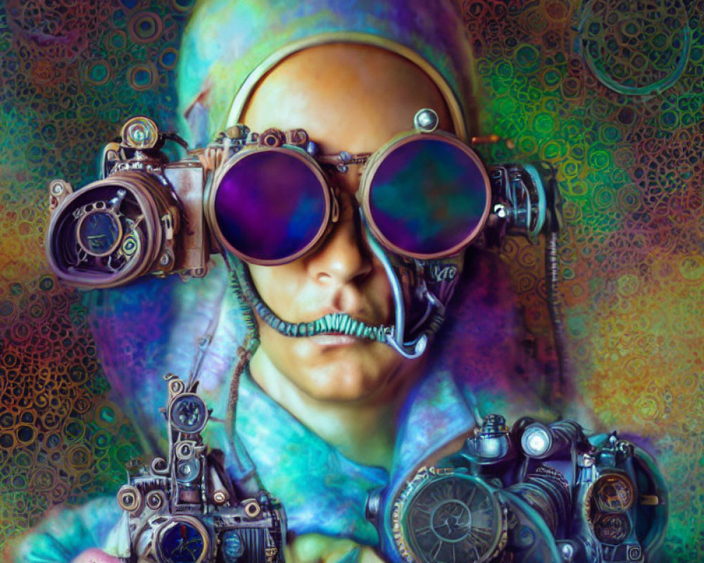 Person in Steampunk Gear Against Psychedelic Background