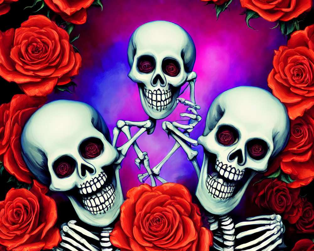 Three Skulls with Red Eyes and Roses on Dark Background