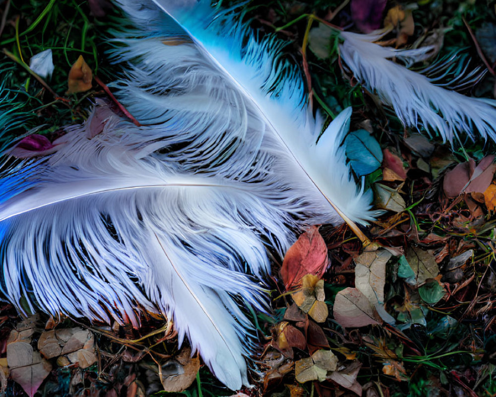 Colorful peacock feathers with autumn leaves on the ground