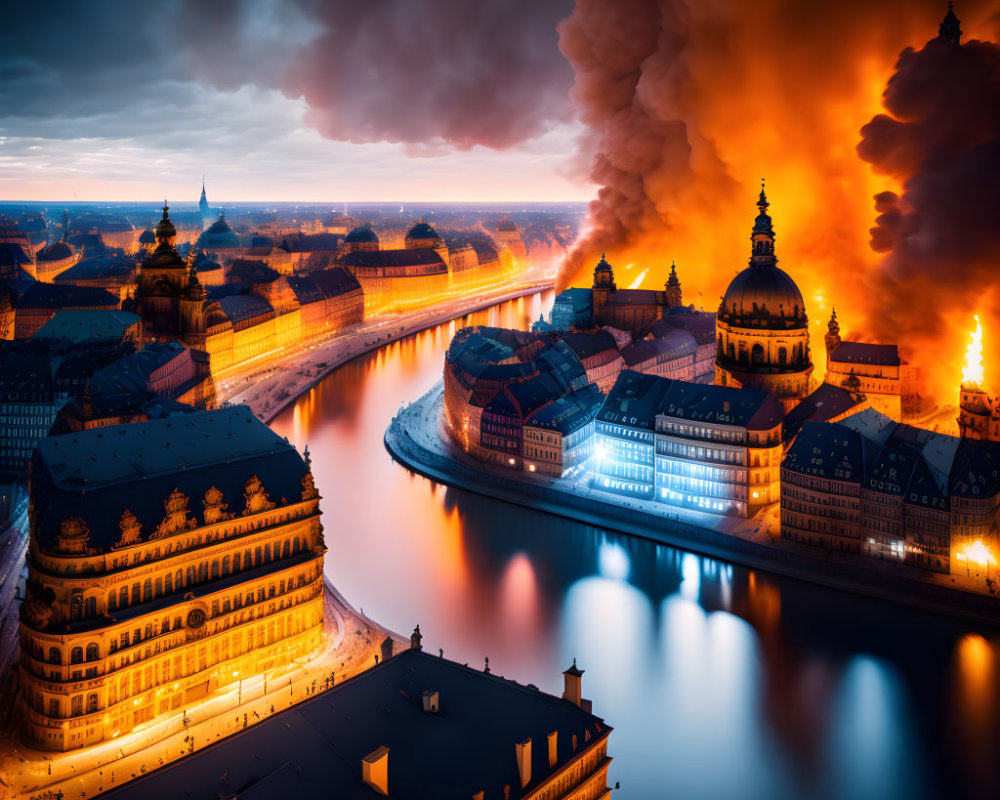 Fiery Sky Contrasts Peaceful Cityscape at Twilight