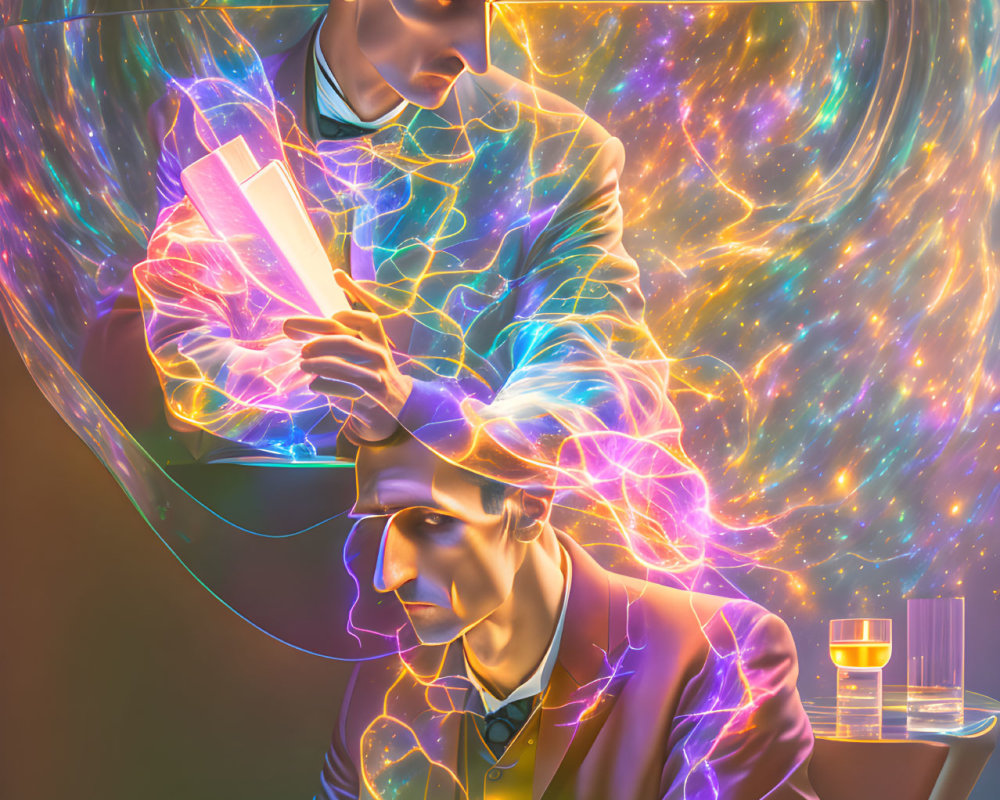 Colorful Digital Artwork: Man Reading with Neon Cosmic Brain Activity