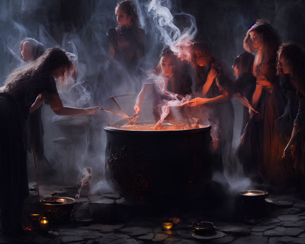 Women performing mystical ritual around cauldron in dimly lit setting