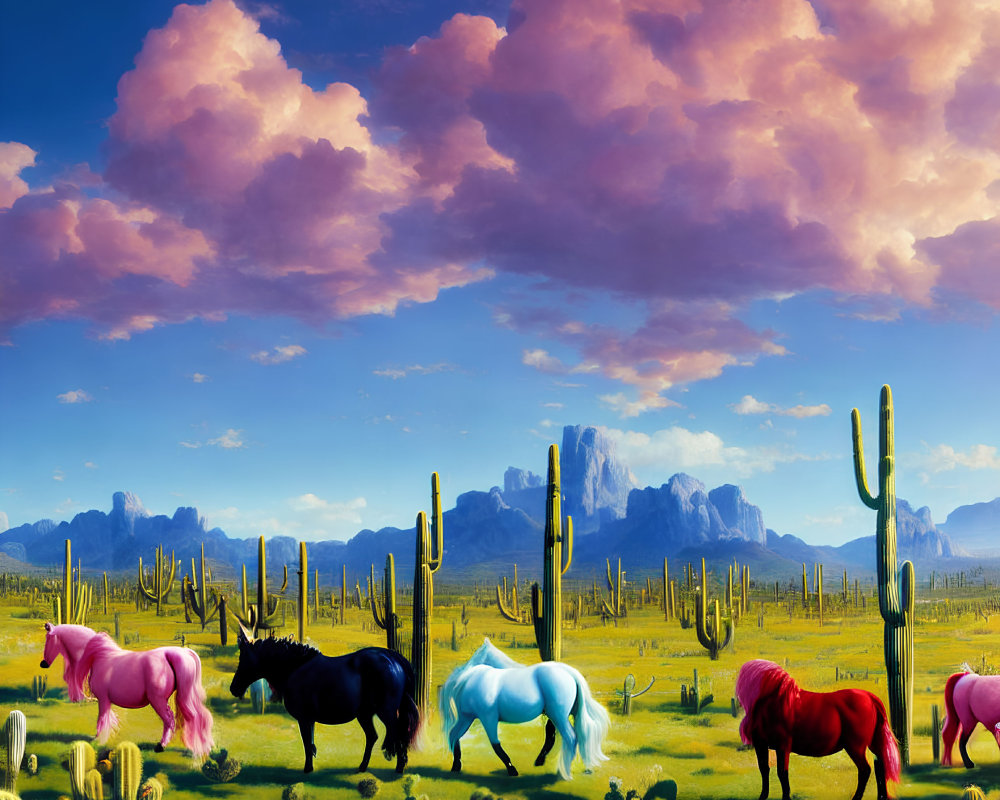 Colorful Horses Grazing Among Cacti Under Vibrant Sky