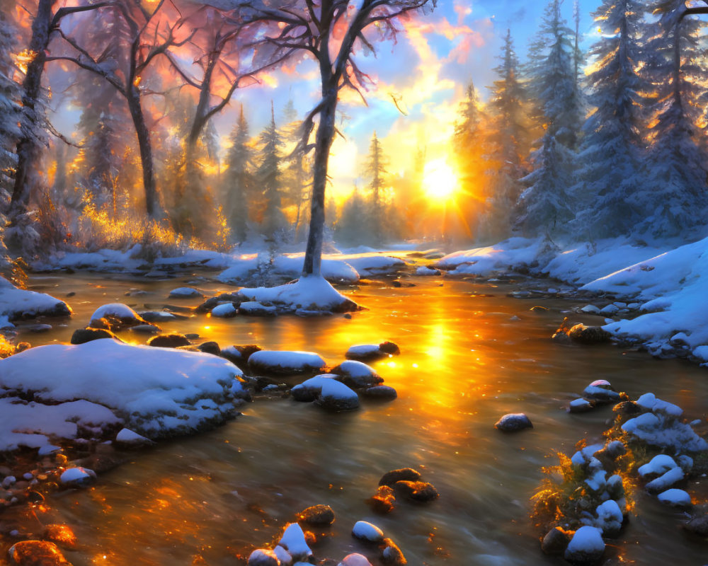 Sunlit river flowing through snow-covered forest in serene winter scene