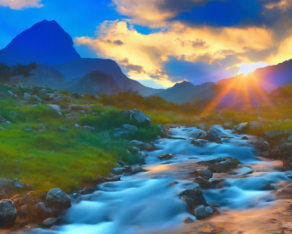 Vibrant sunset over mountainous landscape with flowing river