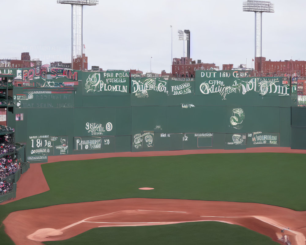 Iconic Green Monster Wall at Fenway Park with Daytime Baseball Game Action