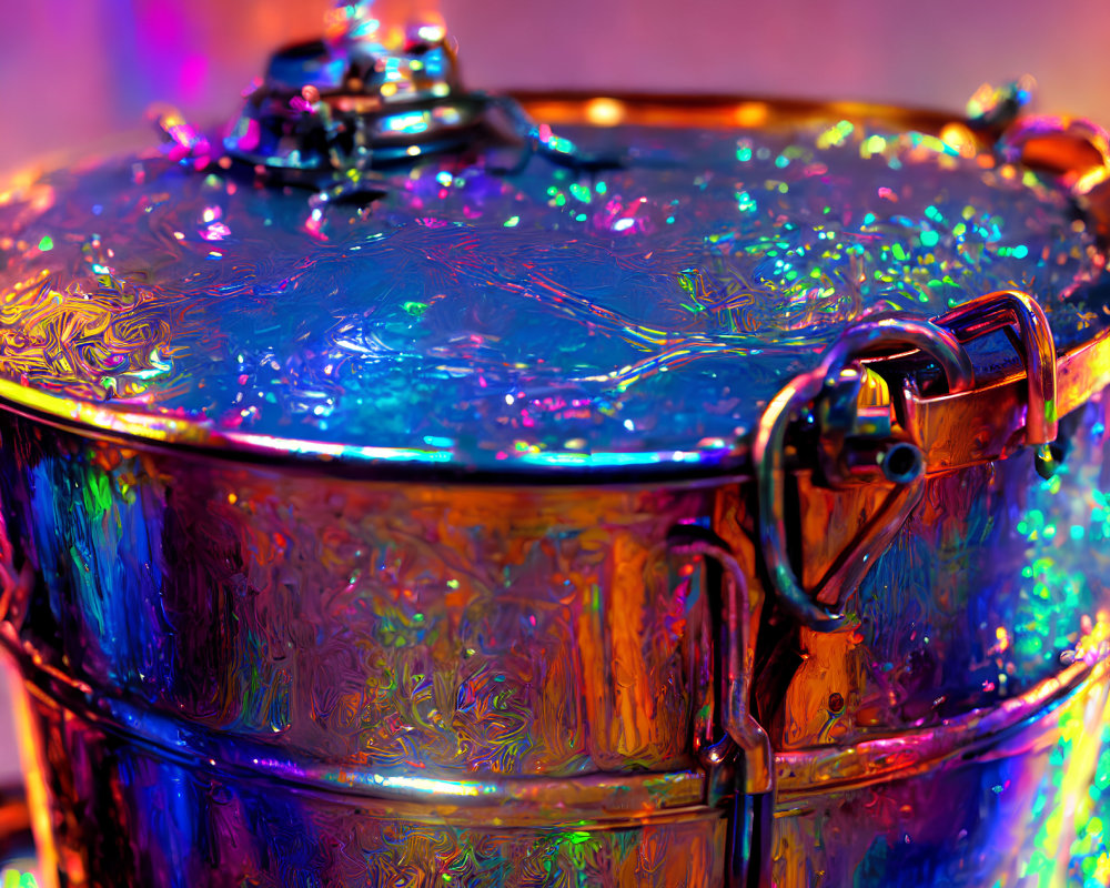 Colorful iridescent drum with rainbow hues under bright light