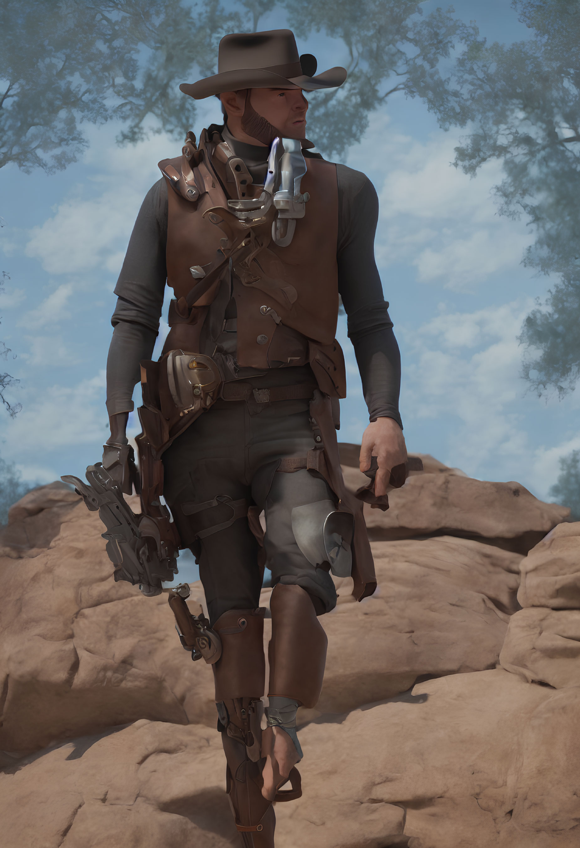 Cowboy with Hat and Revolvers on Rocky Terrain Under Clear Sky