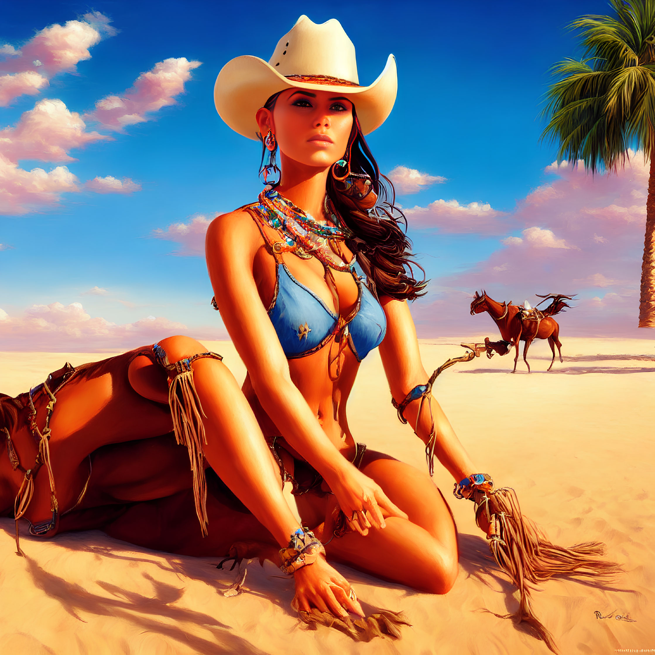 Digital artwork: Woman in cowgirl attire on beach with horse