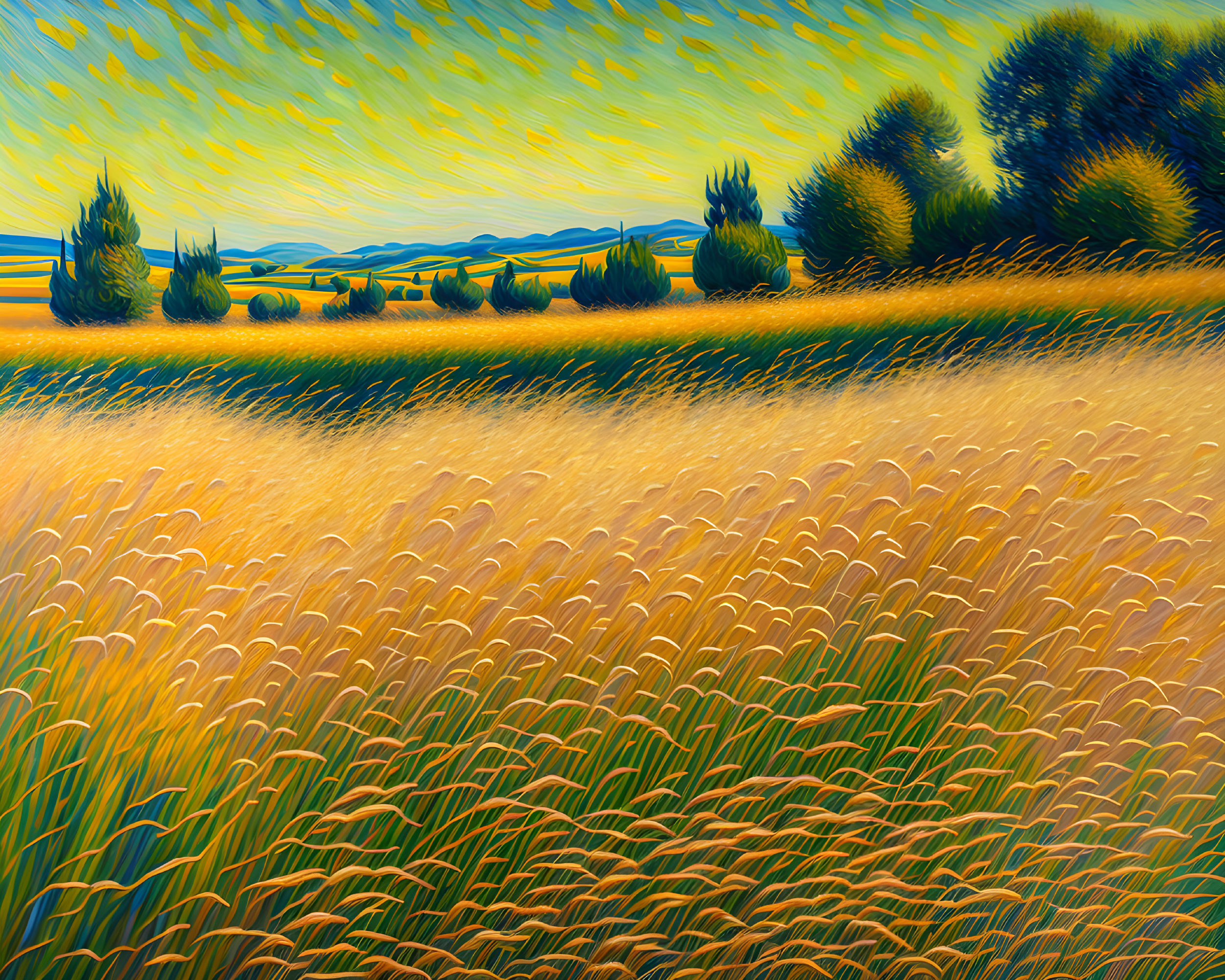 Vibrant stylized landscape with golden wheat field and rolling hills