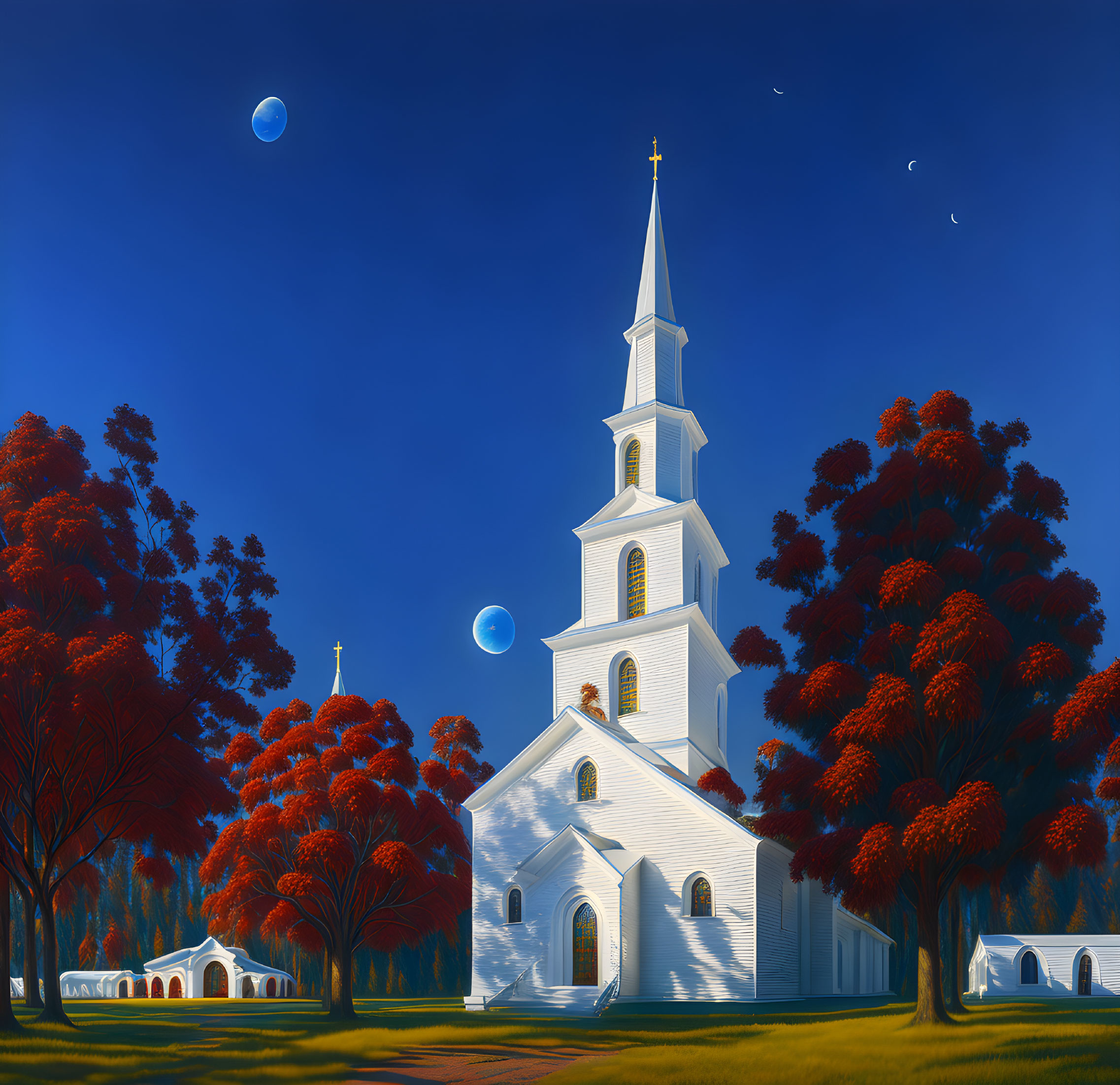 White church and steeple in red tree landscape under blue sky with bubbles