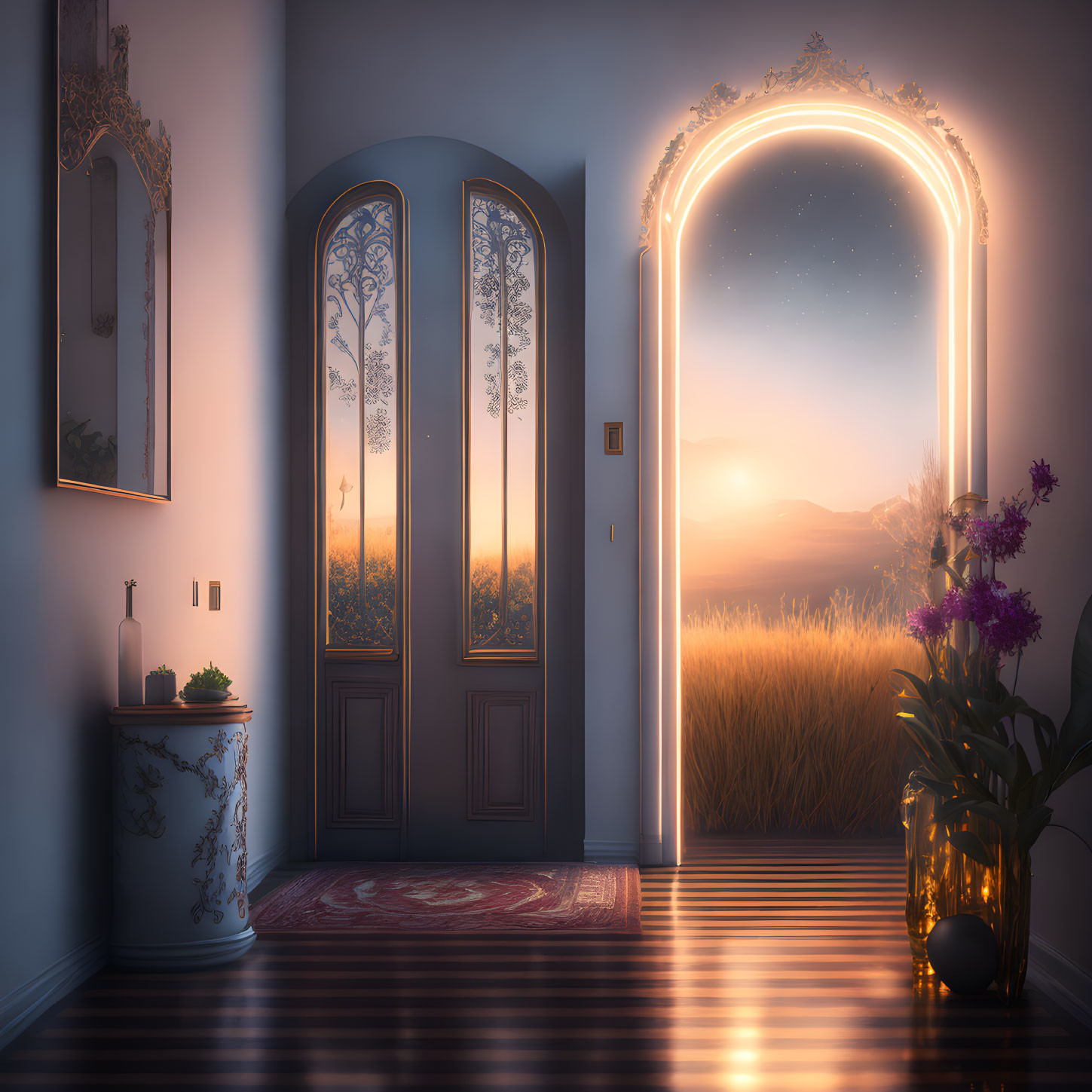 Sunset Room with Archway, Field View, Ornate Doors, Floral Decor, and Starry