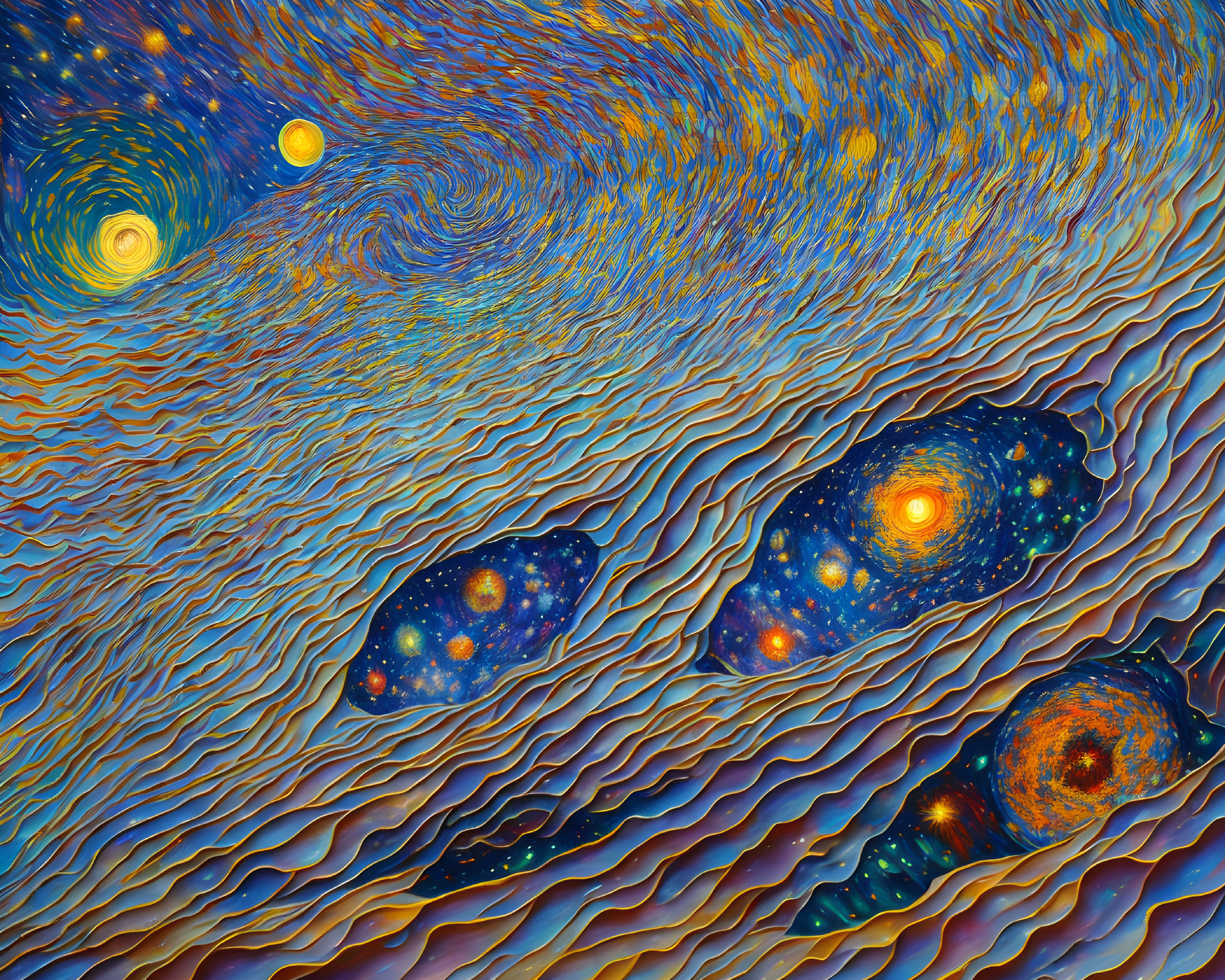 Vibrant swirling night sky with cosmic motifs in Van Gogh style