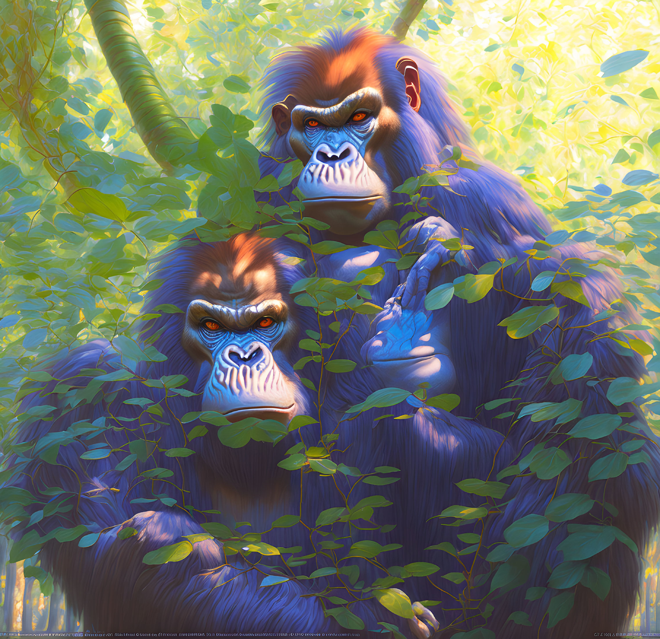 Colorful Apes Among Green Foliage with Blue Facial Features