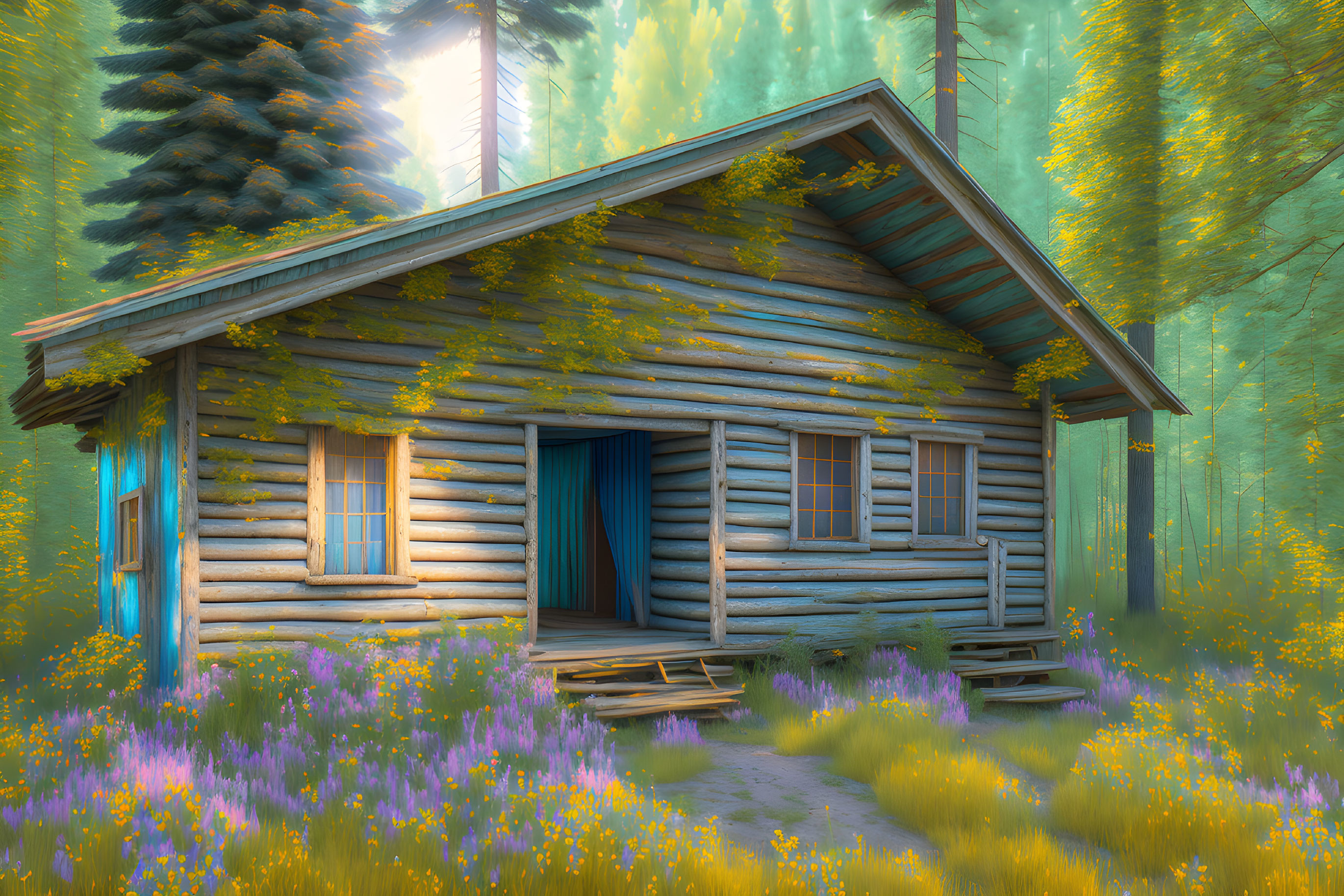 Wooden cabin in sunlit forest with wildflowers and ethereal light.