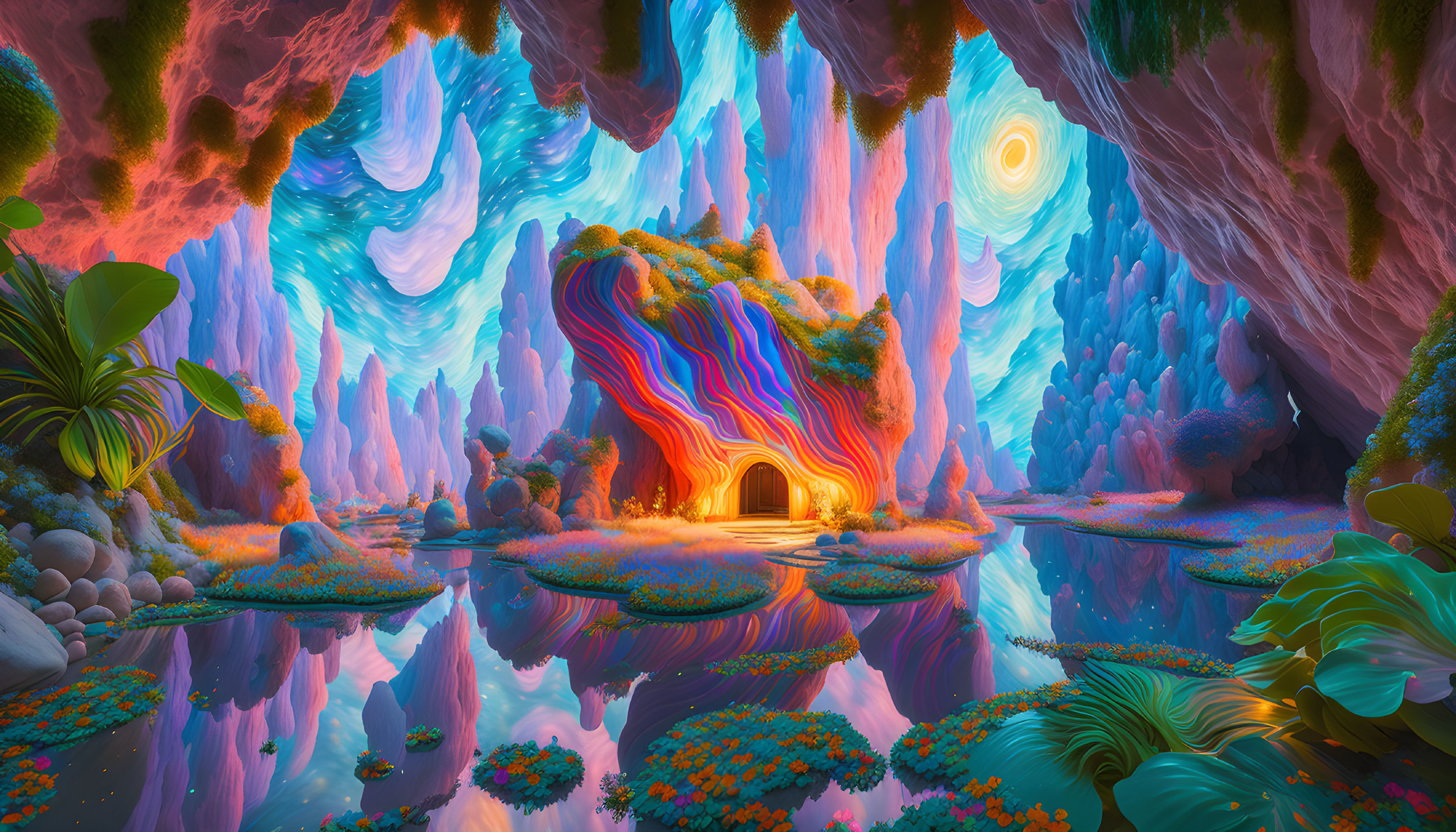 Colorful psychedelic cave with blue walls, waterfall, greenery, water surface, and glowing entrance.