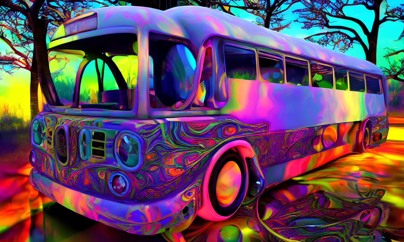 Colorful Psychedelic Bus in Surreal Landscape with Trees and Purple Sky