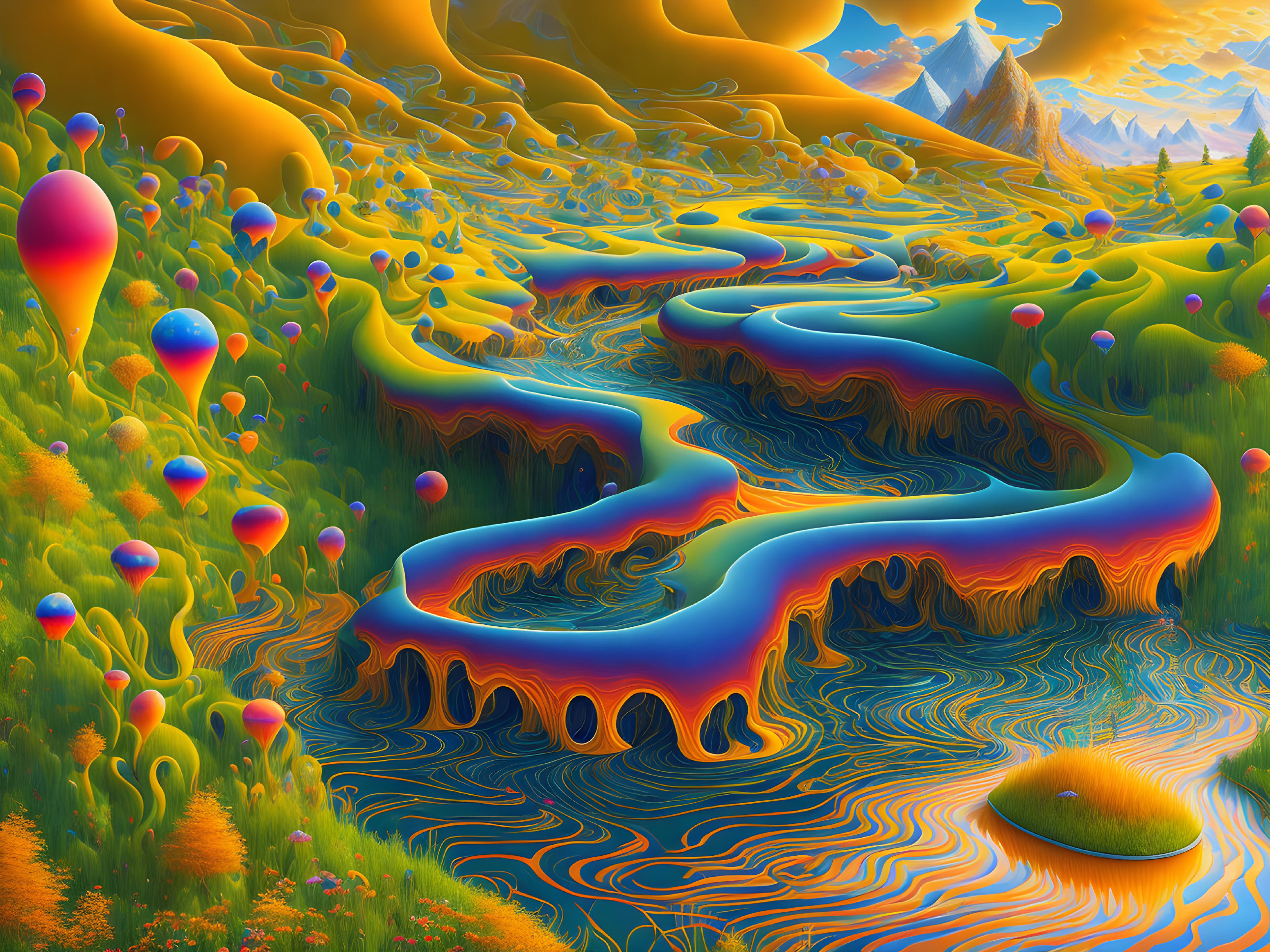 Psychedelic landscape with rivers, balloons, and hills