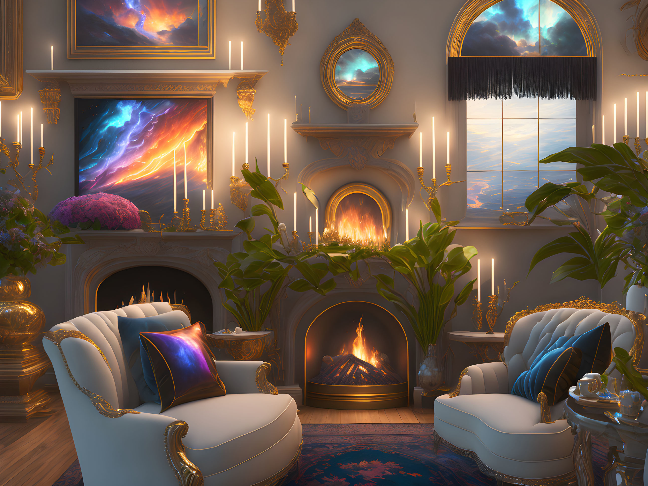 Luxurious Room with Classic Furniture, Fireplace, Plants, and Cosmic Art