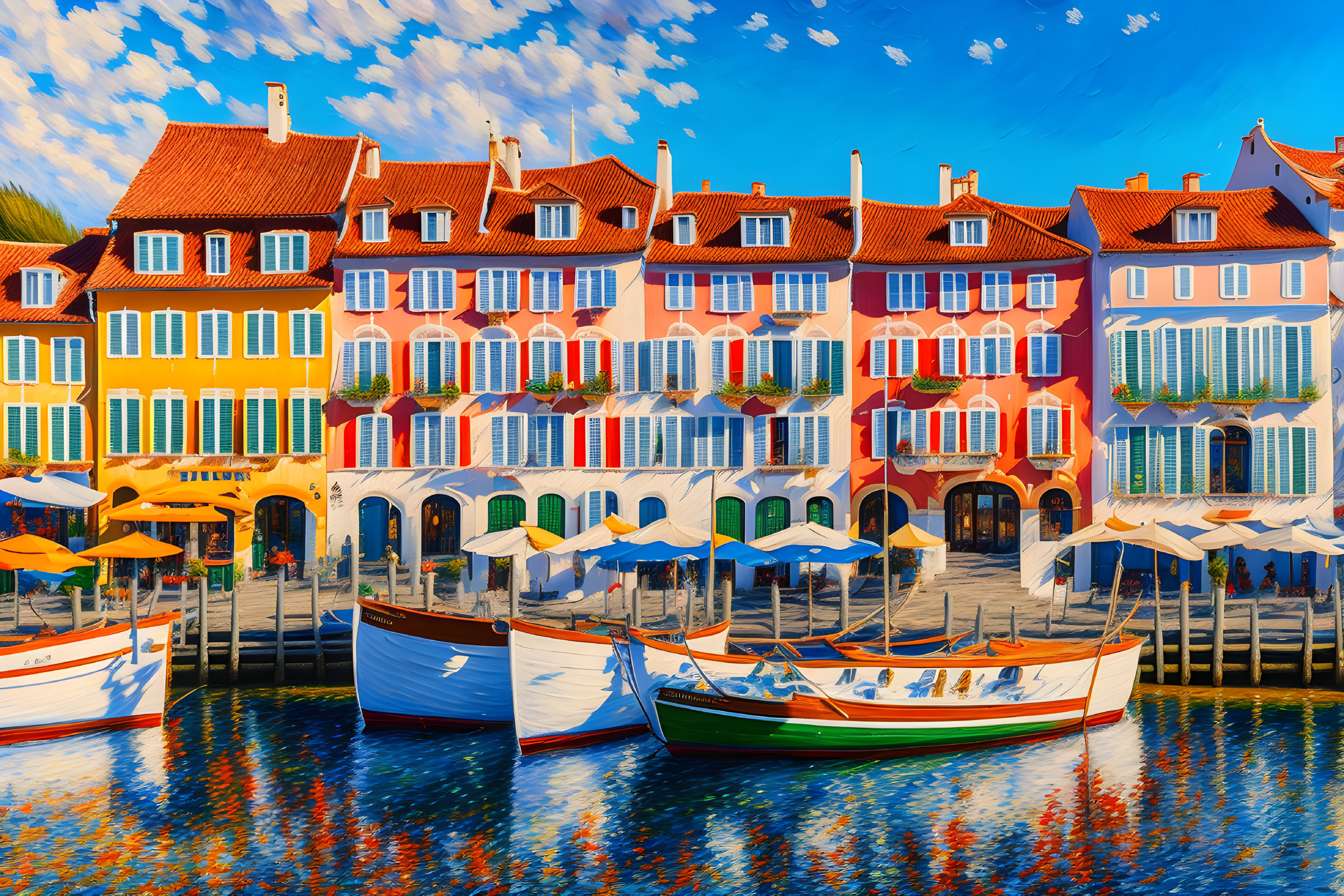 Vibrant European-style buildings along waterfront with boats under blue sky