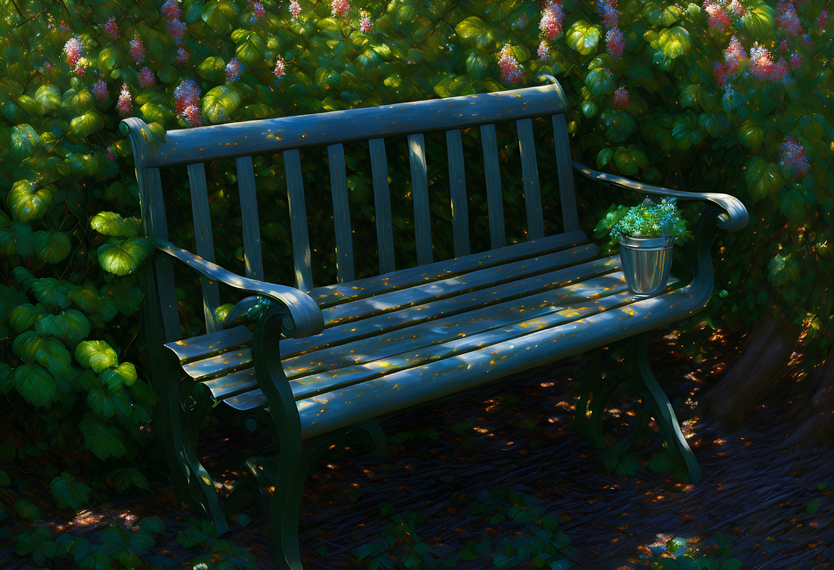 Tranquil park bench in lush garden setting