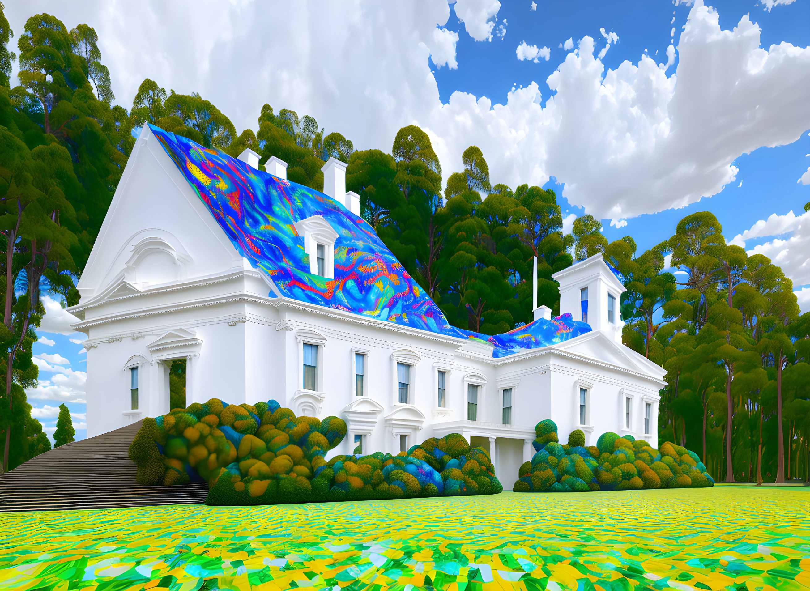 Digitally enhanced image: White mansion, blue mosaic roof, forest backdrop.