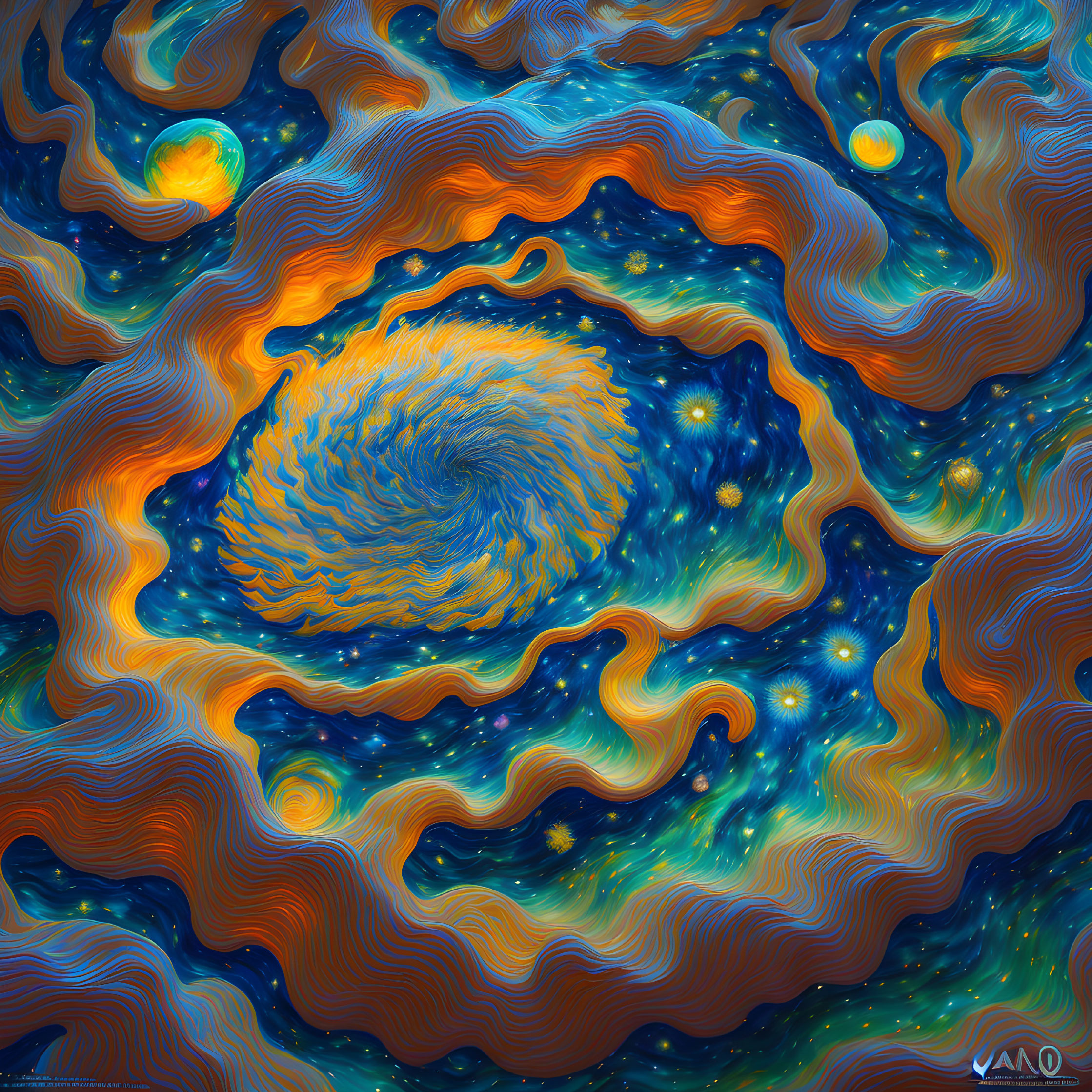 Colorful Digital Art: Swirling Blue, Orange, and Yellow Cosmic Scene