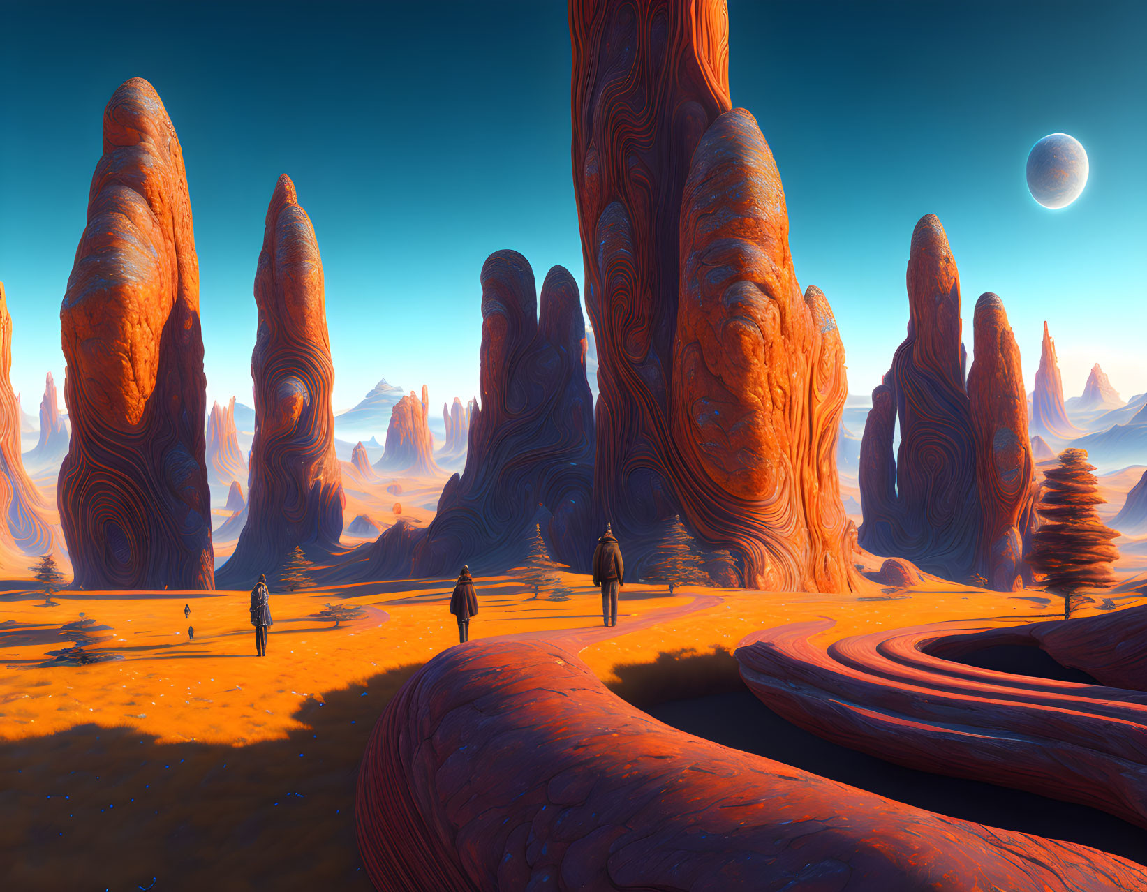 Alien landscape with towering rock formations and explorers under an orange-blue sky