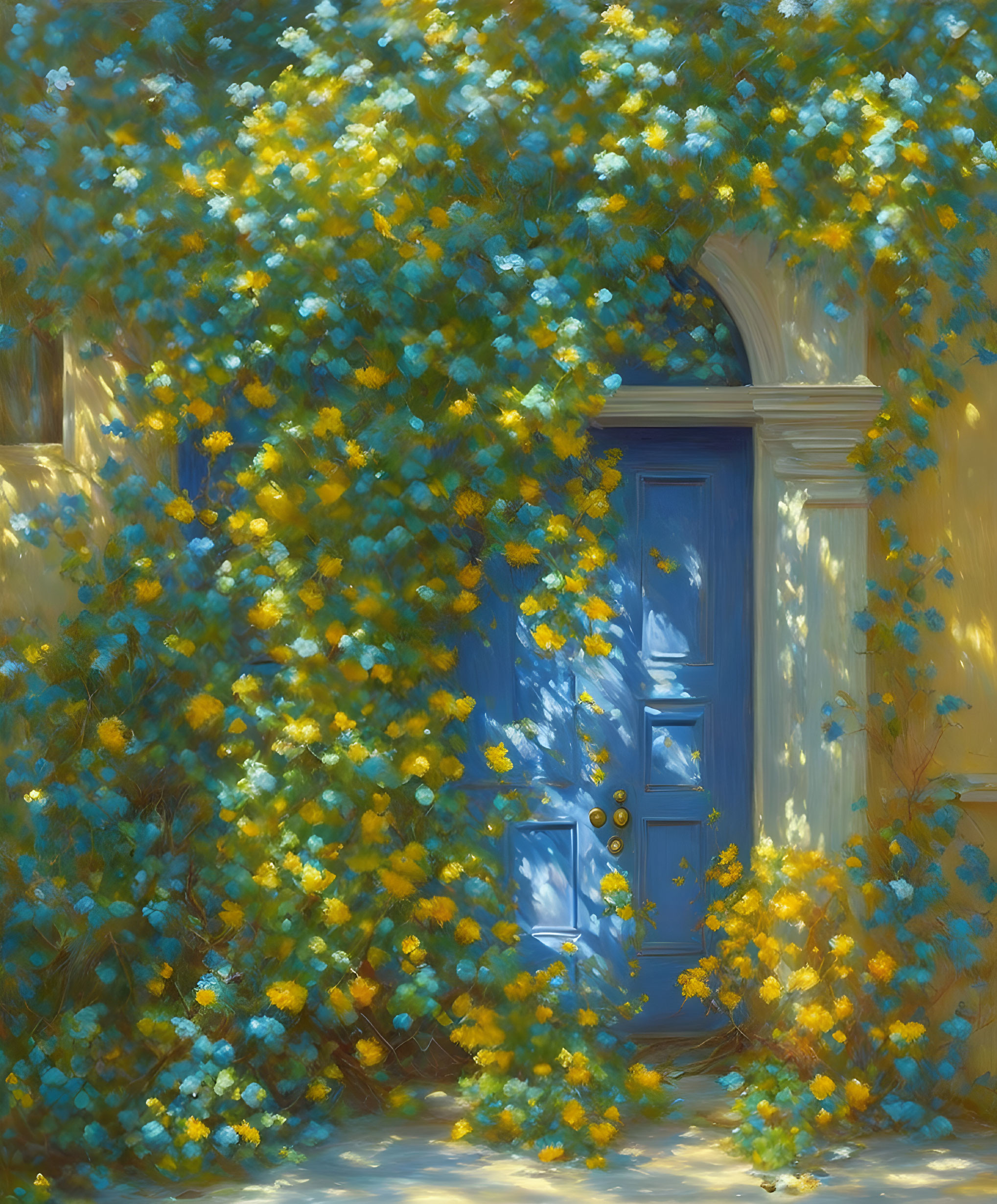 Lush yellow flowers cascading over an archway with a classic blue doorway